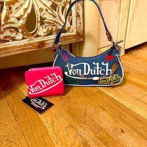 Von Dutch Blue Denim Shoulder Bag  and pink wallet with Colorful Logo